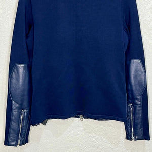 Ralph Lauren Black Label Navy Blue Leather Jacket Silk Knit Sleeves Size Medium