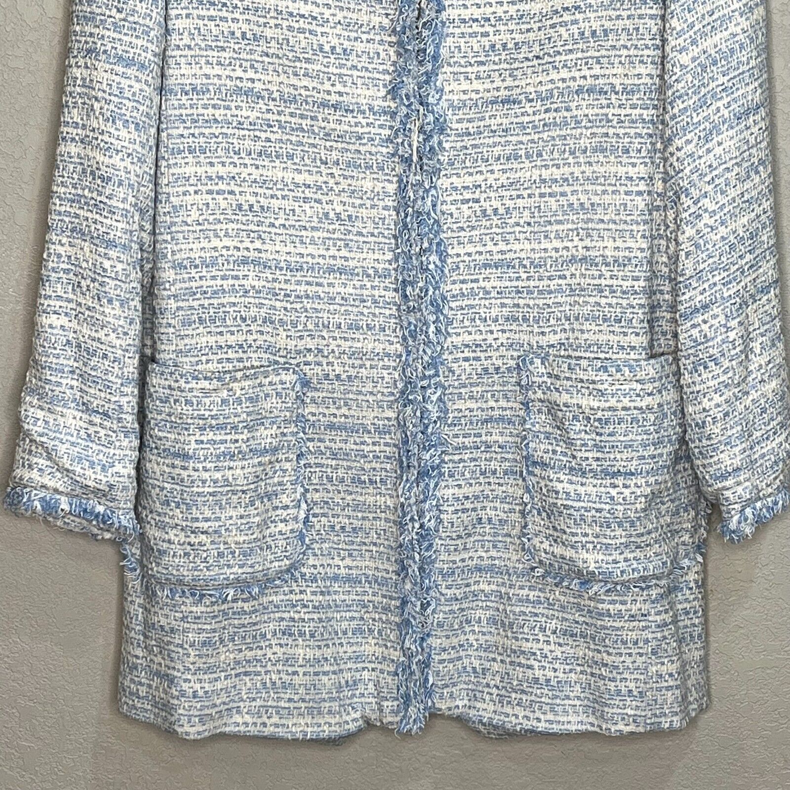 Zara Light Blue Ivory White Tweed Jacket Size Small