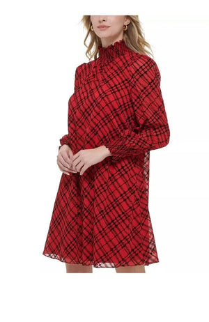 Tommy Hilfiger Red Plaid Mock Neck Long Sleeve Chiffon Shift Dress Size 12