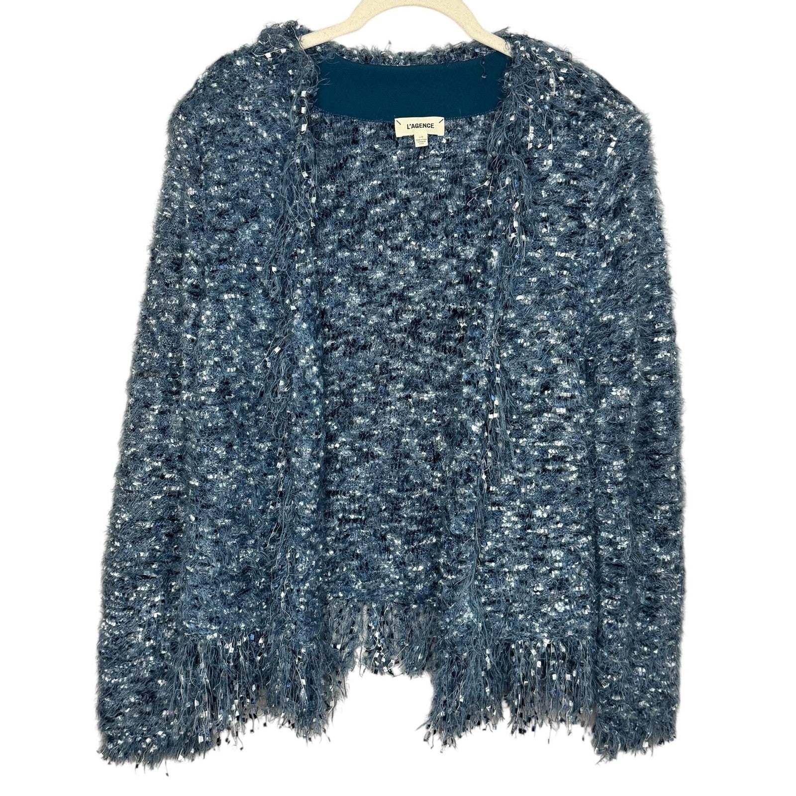 L'AGENCE Sweater Womens Large Blue Boucle Fringe Open Cardigan Jacket S8861NLQ