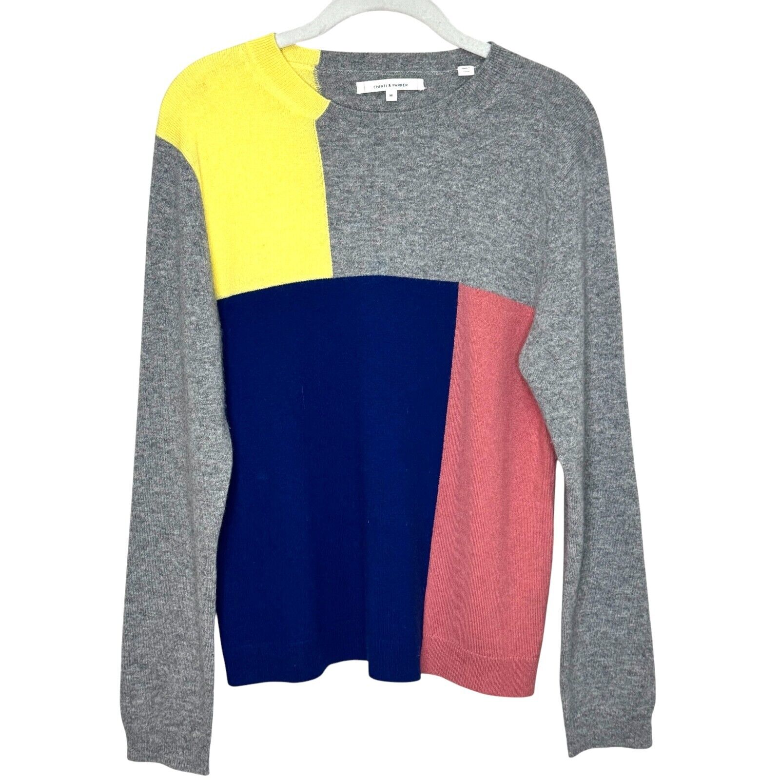 CHINTI & PARKER Cashmere Sweater Size Medium Colorblock Grey Blue Yellow Pink