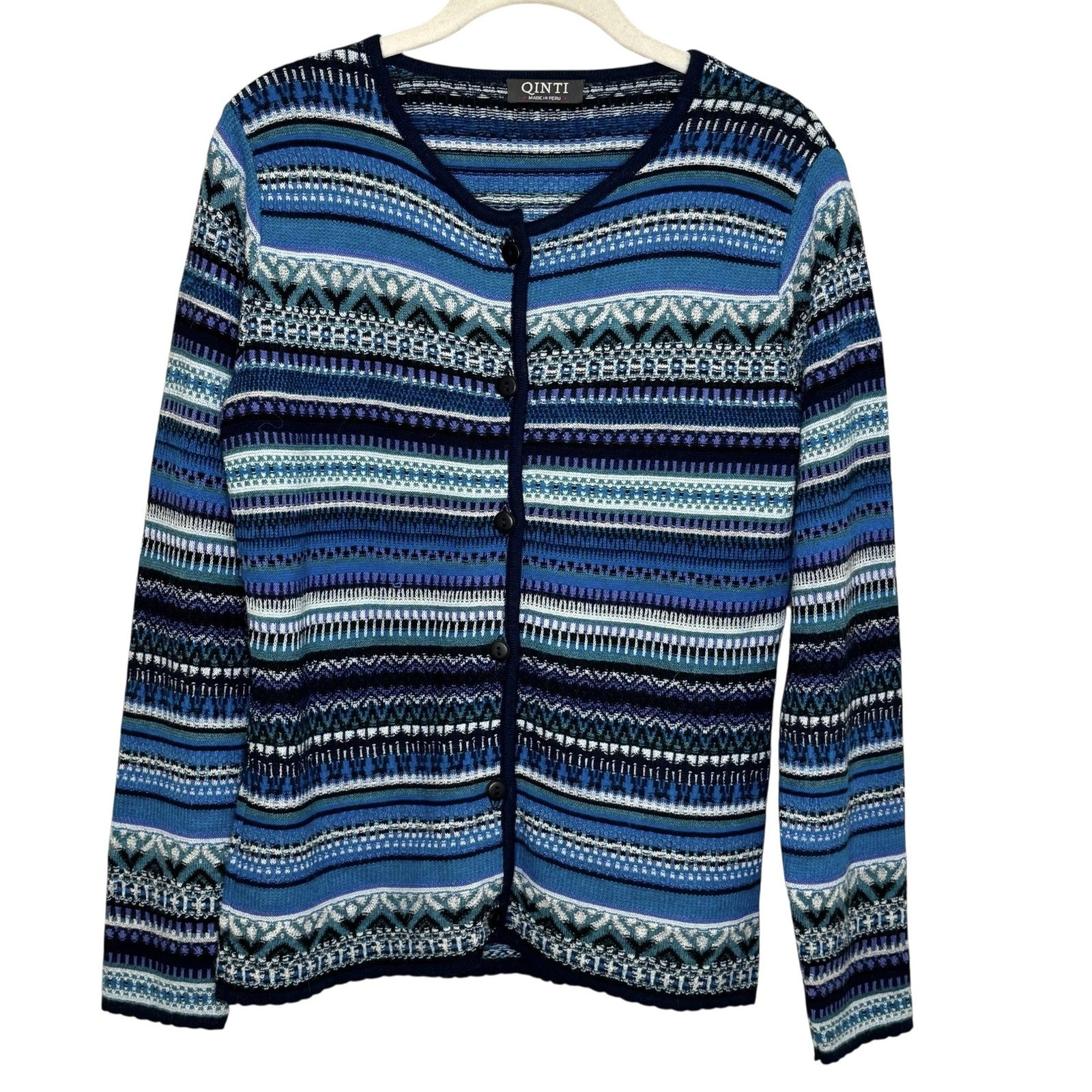 QINTI Sweater Womens Small Blue Multicolor 100% Baby Alpaca Button Cardigan Peru