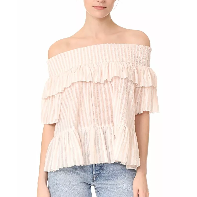 Ulla Johnson Top Size 4 Pink White Striped Smocked Off Shoulder