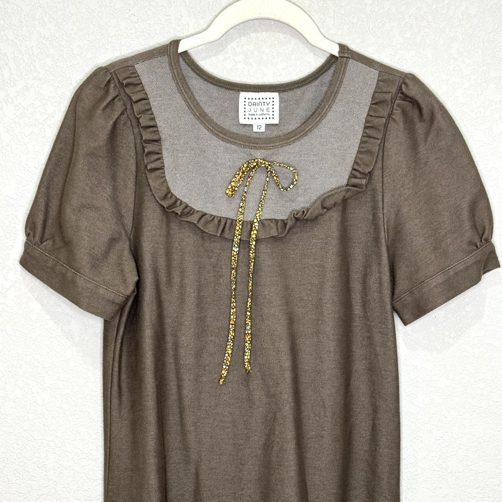 Vtg Dainty June Dress Size 12 Brown Puff Sleeve Ruffle Floral Bow Made USA