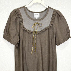 Vtg Dainty June Dress Size 12 Brown Puff Sleeve Ruffle Floral Bow Made USA