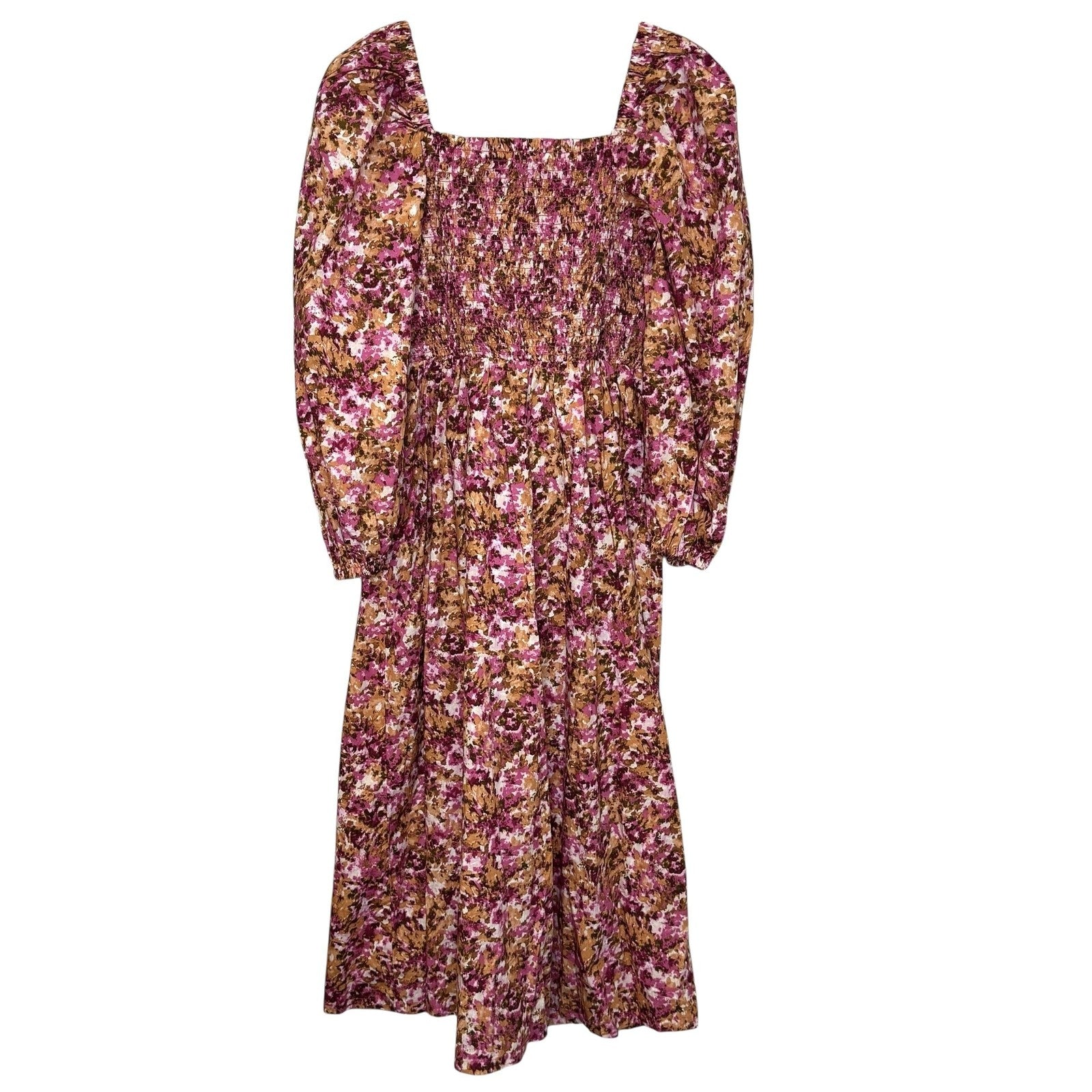 J Crew Dress Womens Small Pink Brown Floral Smocked Midi Long Sleeve $128