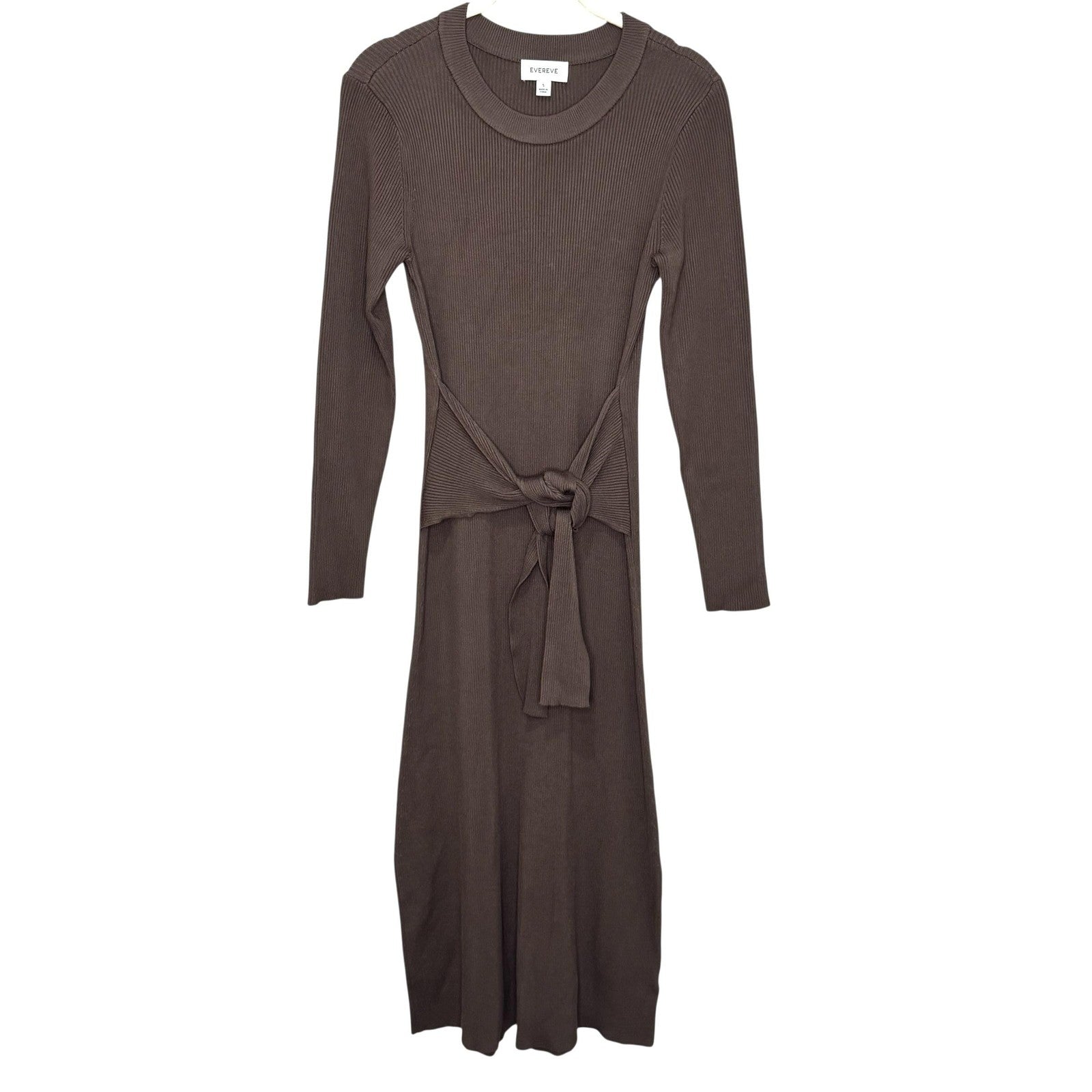 Evereve Dress Womens Small Brown Ribbed Knit Tie Waist Long Sleeve Midi Sweater