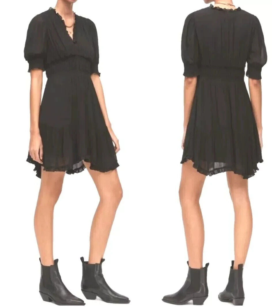 AllSaints NEW Black Ruffle Elastic Waist V-Neck A-Line Via Dress Size 6 $229