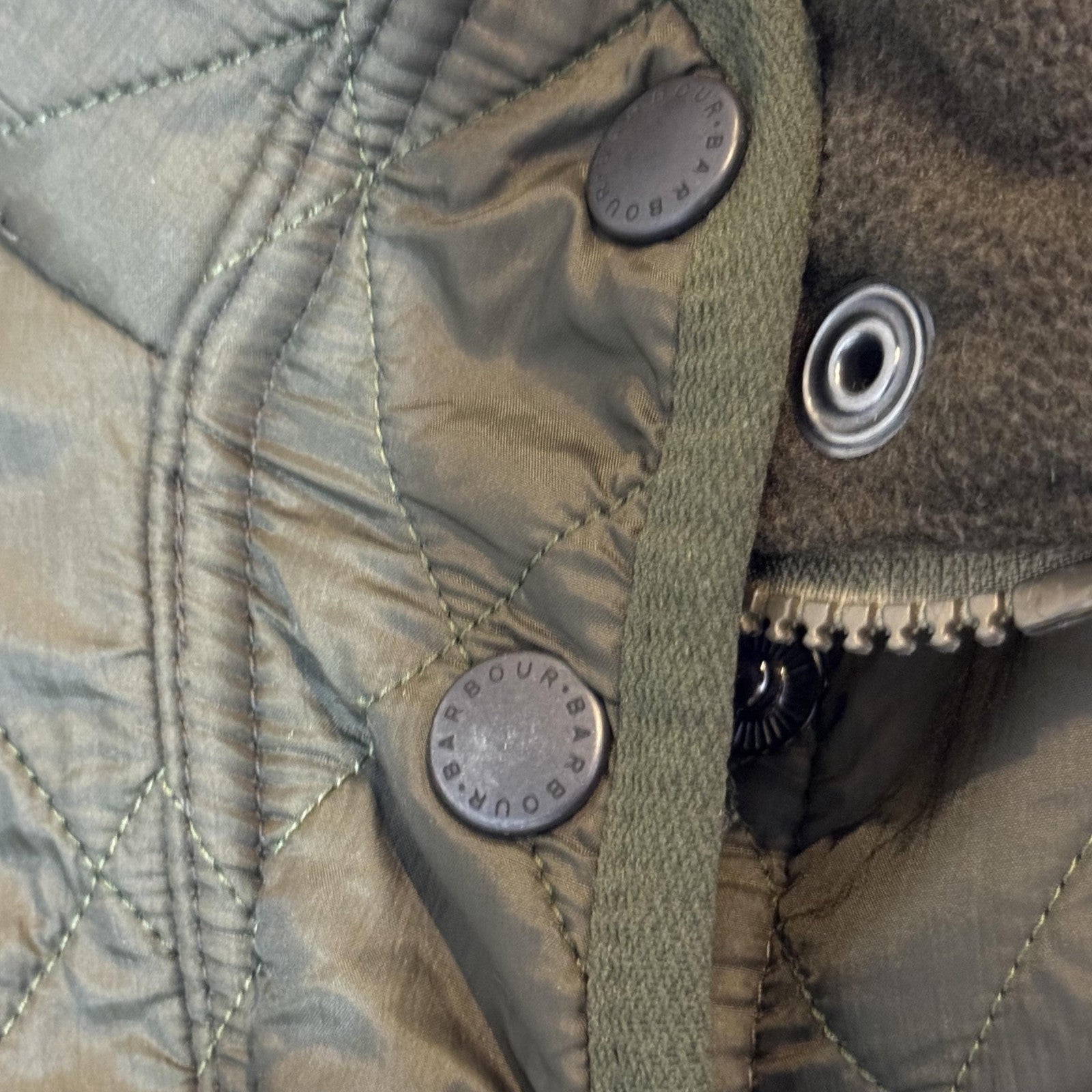 Barbour Quilted Jacket Womens 8 Olive Green Polarquilt Utility 4 Pocket Zip Snap
