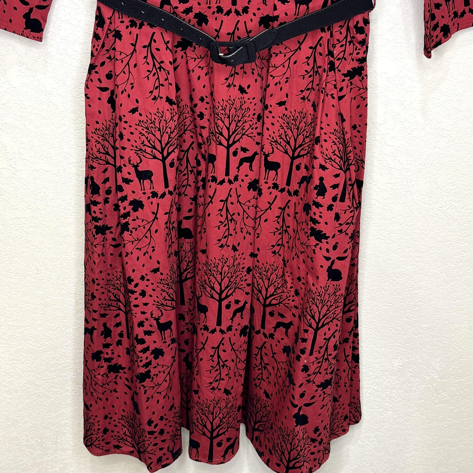 Hell Bunny Vixen Dress Medium Red Riding Hood Forest Print Pockets Belted Retro