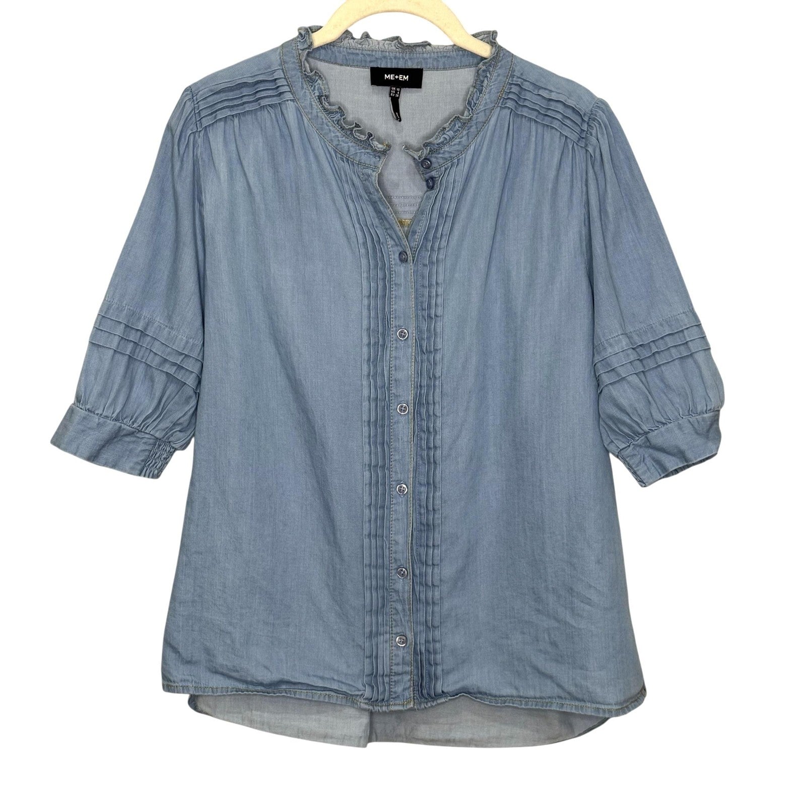 ME+EM Shirt Womens UK 10 US 6 Blue Ruffle Button Cotton Top Blouse SS24WT925