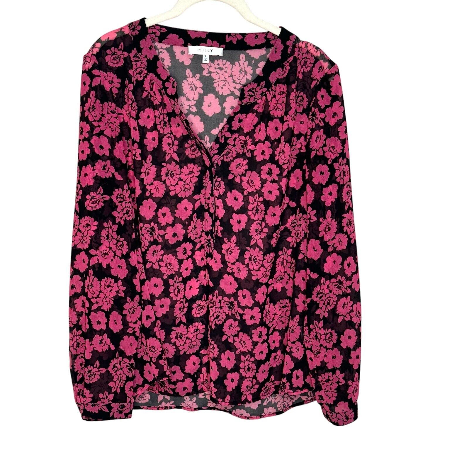 MILLY Pink Black Brooke Floral Print Chiffon Blouse Size 8 $210