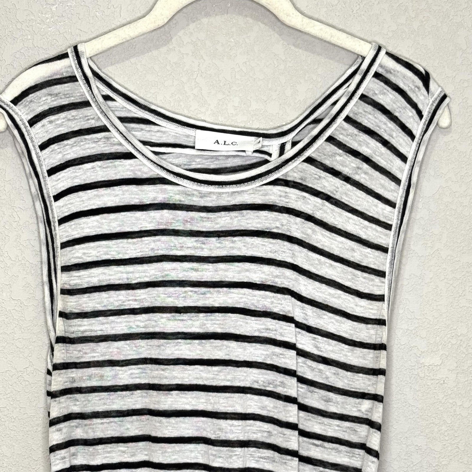A.L.C. Dress Womens Medium Black White Striped Linen Sleeveless Midi Drawstring