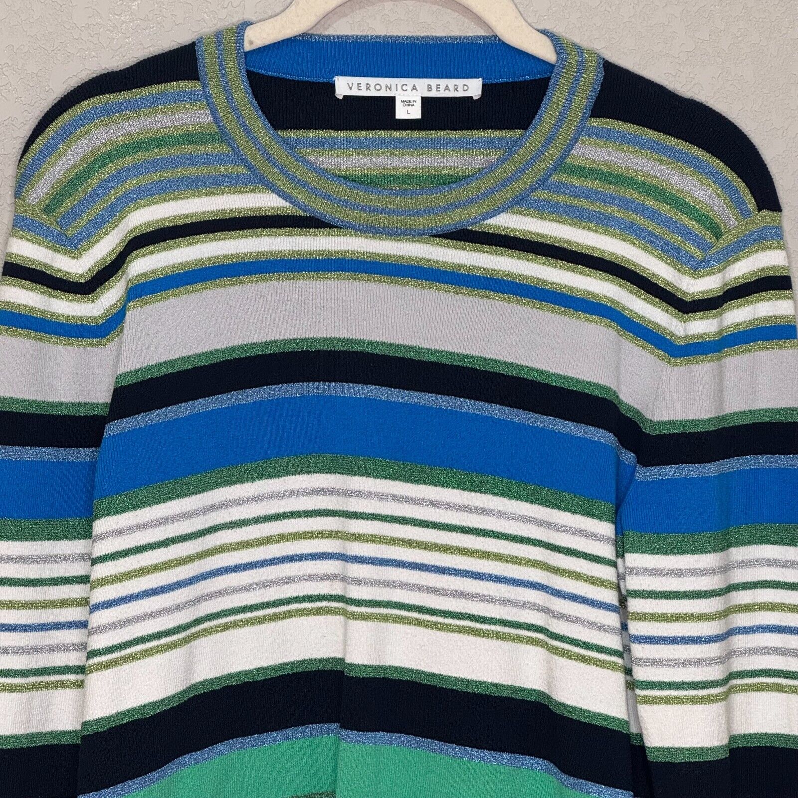 Veronica Beard Sweater Size Large Palma Blue Green Metallic Stripe Long Sleeve