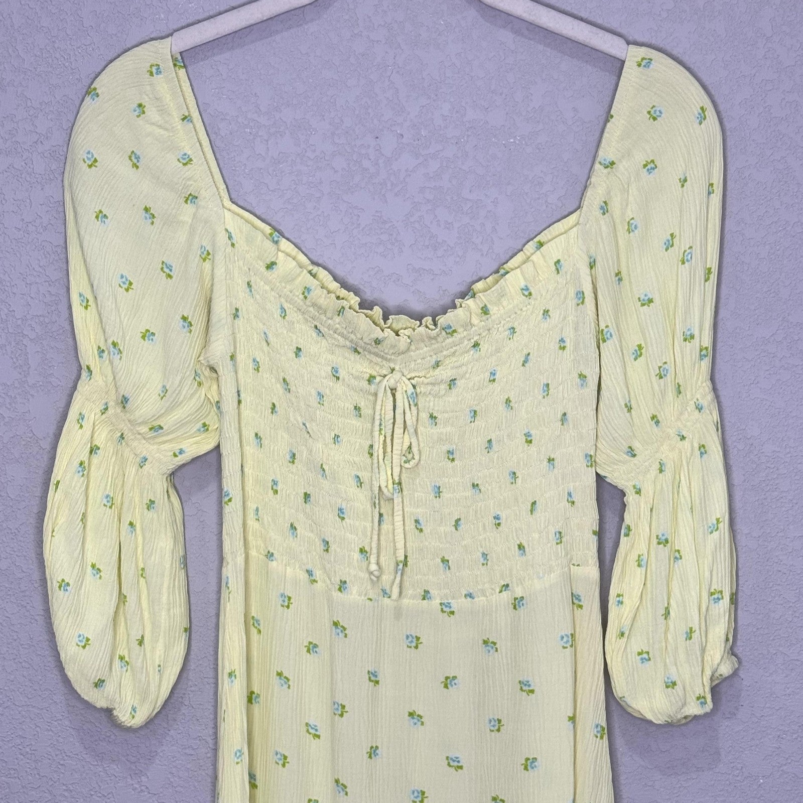 Faithfull The Brand Nora Dress Small Yellow Floral Smocked Puff Sleeve Midi