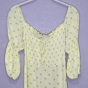 Faithfull The Brand Nora Dress Small Yellow Floral Smocked Puff Sleeve Midi
