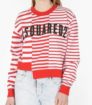 Dsquared2 Red White Striped Crew Neck Asymmetric Awning Sweatshirt Size Small