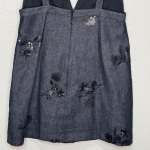 Zara Dress Womens Large Denim Sleeveless Deep V Neck Sequin Floral Mini Party