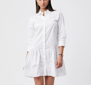 THESHIRT Rochelle Behrens Shirt Dress Womens Medium White Drop Waist Ruffle Hem