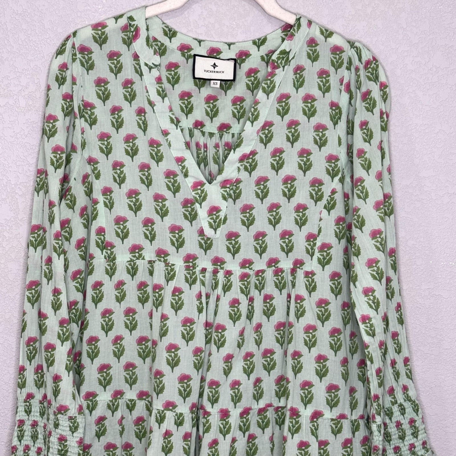 Tuckernuck Dress Womens XS Green Pink Floral Long Sleeve V Neck Tiered Boho