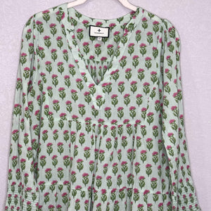 Tuckernuck Dress Womens XS Green Pink Floral Long Sleeve V Neck Tiered Boho