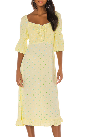 Faithfull The Brand Nora Dress Small Yellow Floral Smocked Puff Sleeve Midi