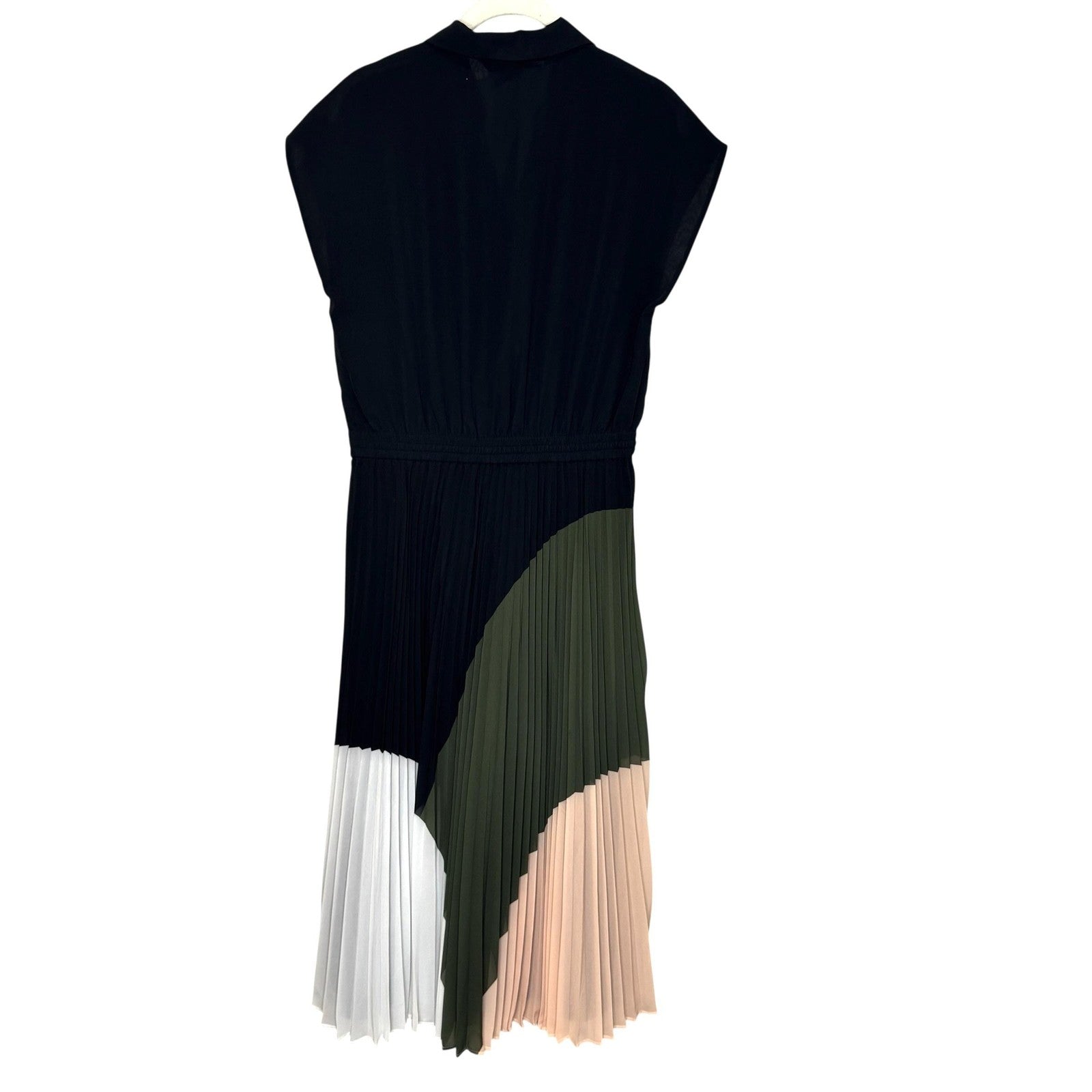 Club Monaco Shoanah Dress 2 Black Olive Pleated Colorblock Midi Shirt Collared