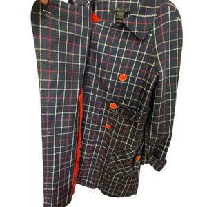 Marc Jacobs 2003 Double Breasted Blue Plaid Wool Coat Red Buttons Size XS/S