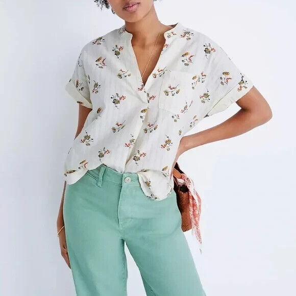 Madewell Marseille Ivory Floral Daisies Bower Popover Shirt Blouse Size Small