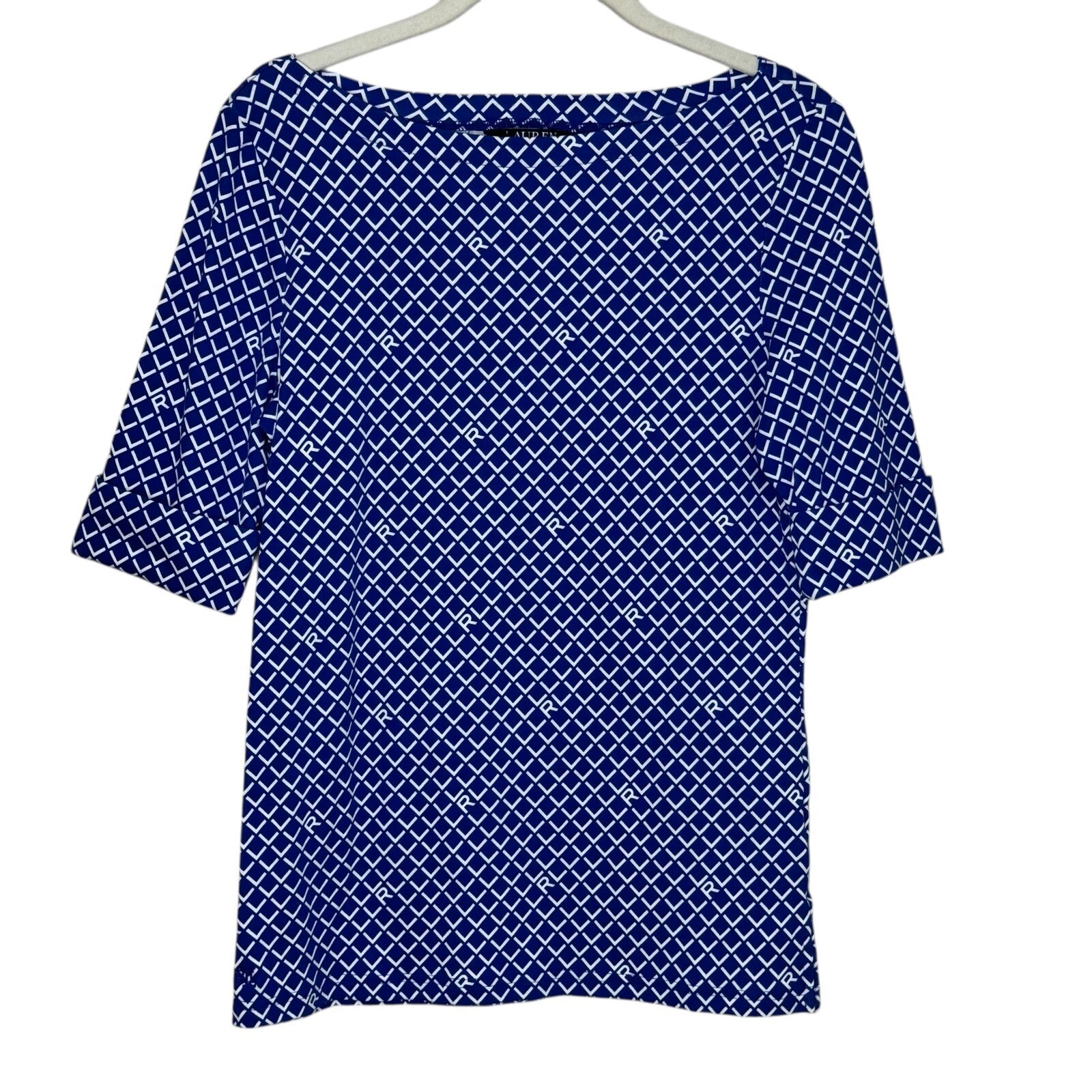 Lauren Ralph Lauren Top T Shirt Size Medium Royal Blue White Logo Boatneck