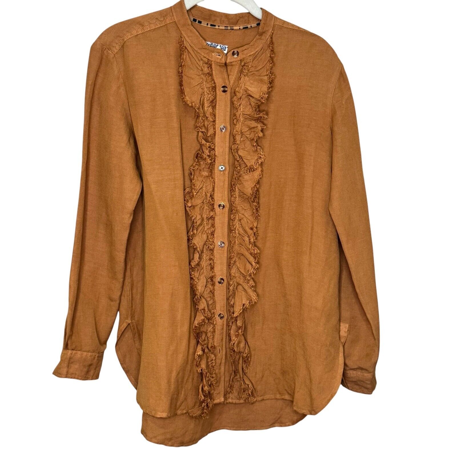 Anthropologie Pilcro Button Down Ruffle Placket Shirt Size XS Linen Brown Honey