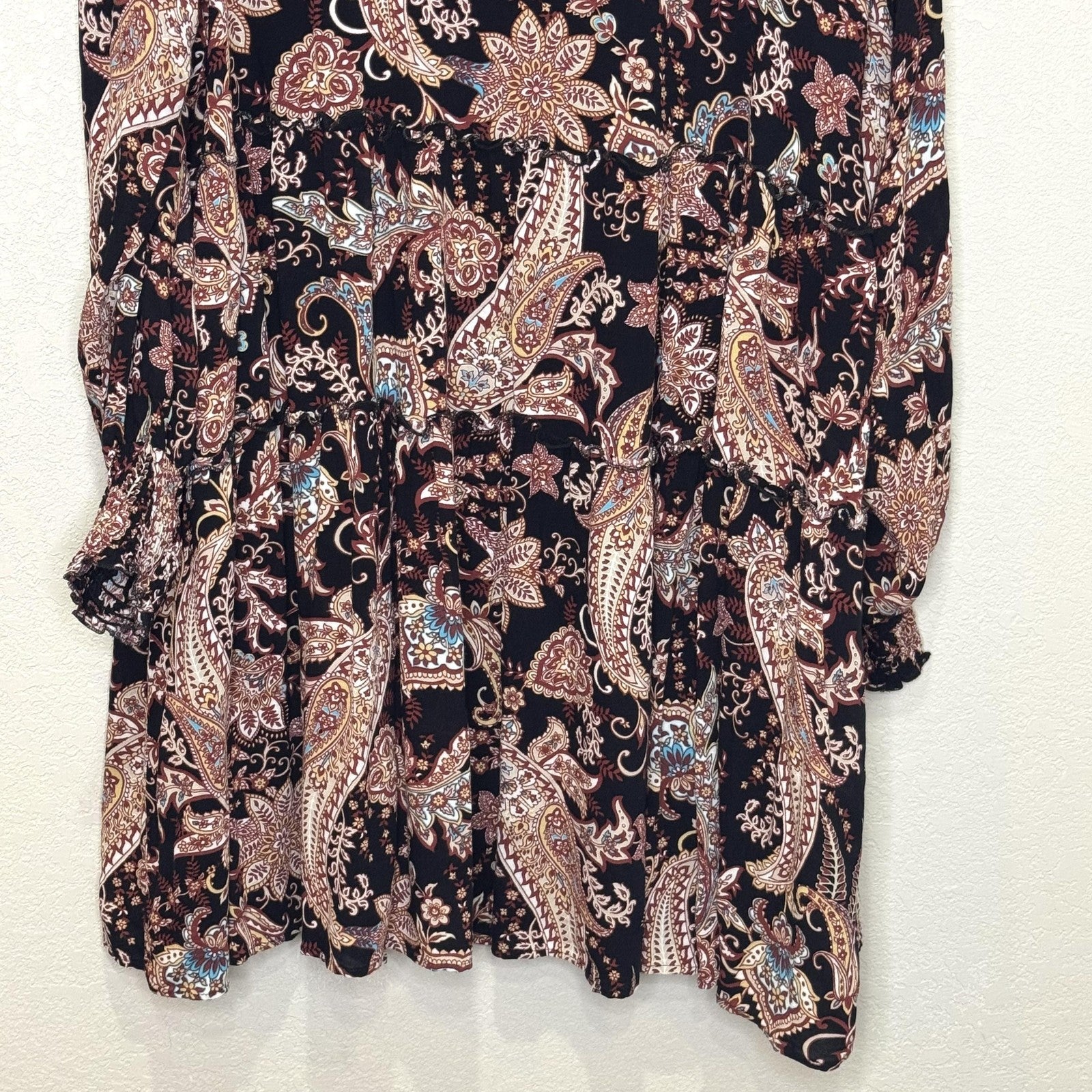 Anthropologie Dress Womens 1X Paisley Floral Long Sleeve Boho Tiered Viscose