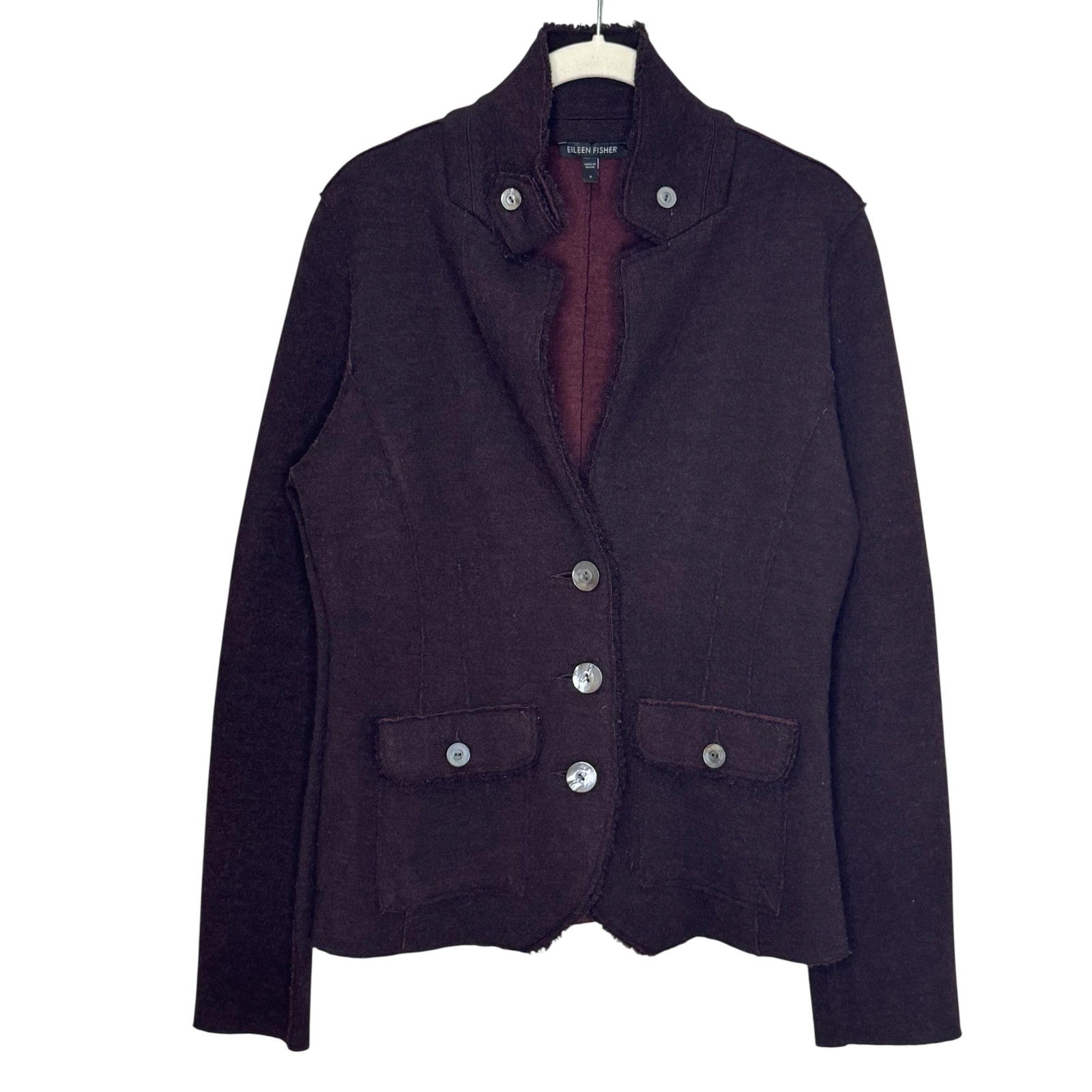 Eileen Fisher Blazer Jacket Womens Small Brown Burgundy Merino Wool Knit Button