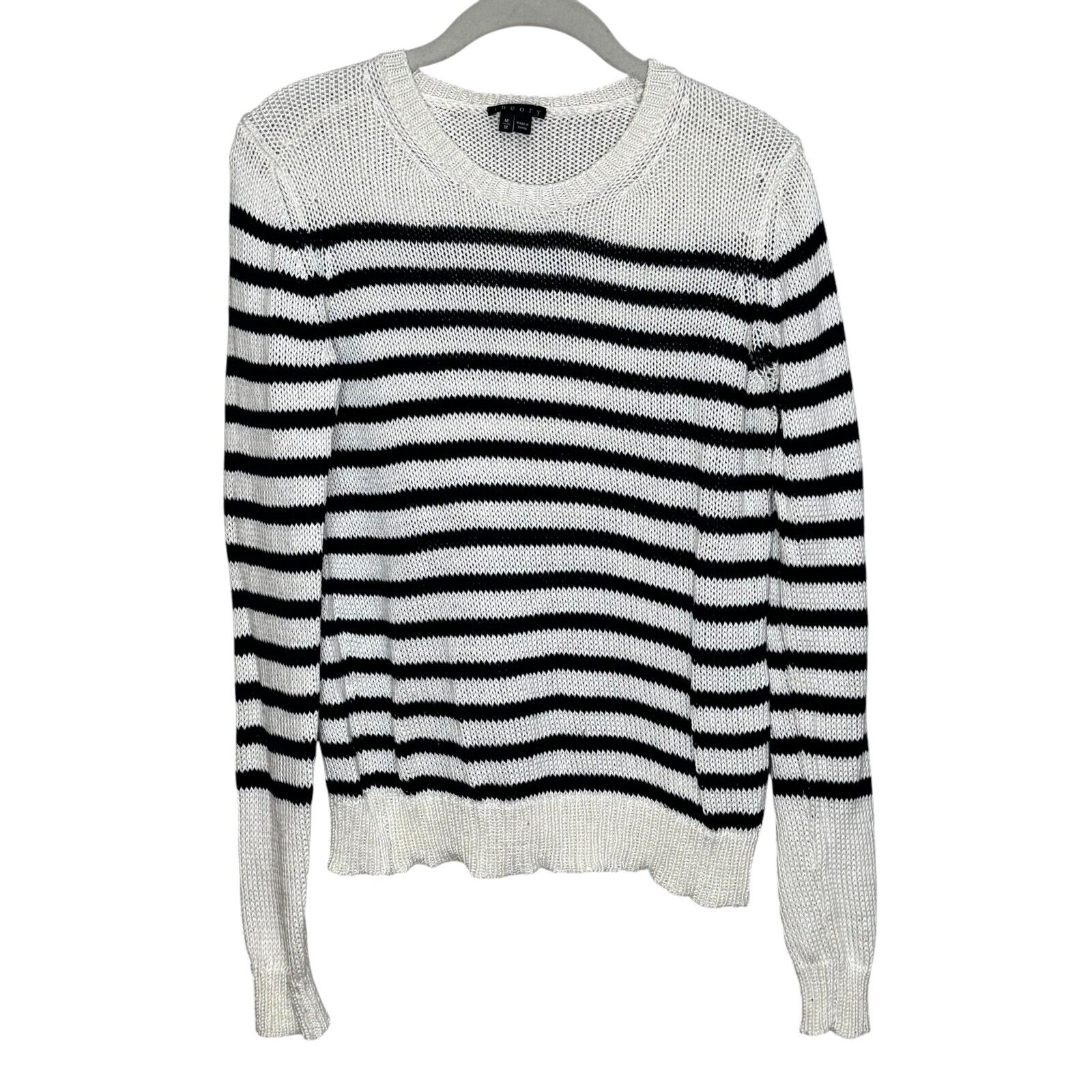 THEORY Poised Saida Striped Cotton Sweater Size Medium Navy Cream