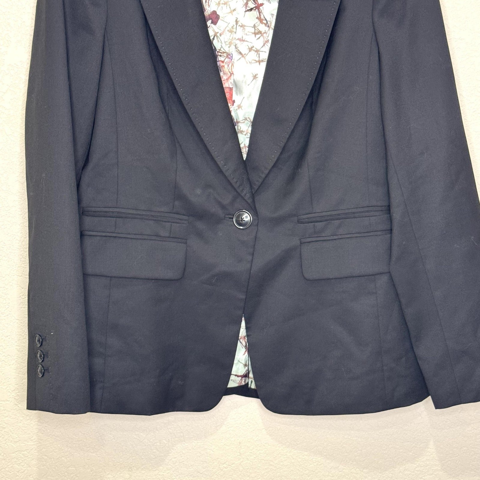 Ted Baker Blazer Womens Size 10 Black Wool Blend One Button Suit Jacket Lined