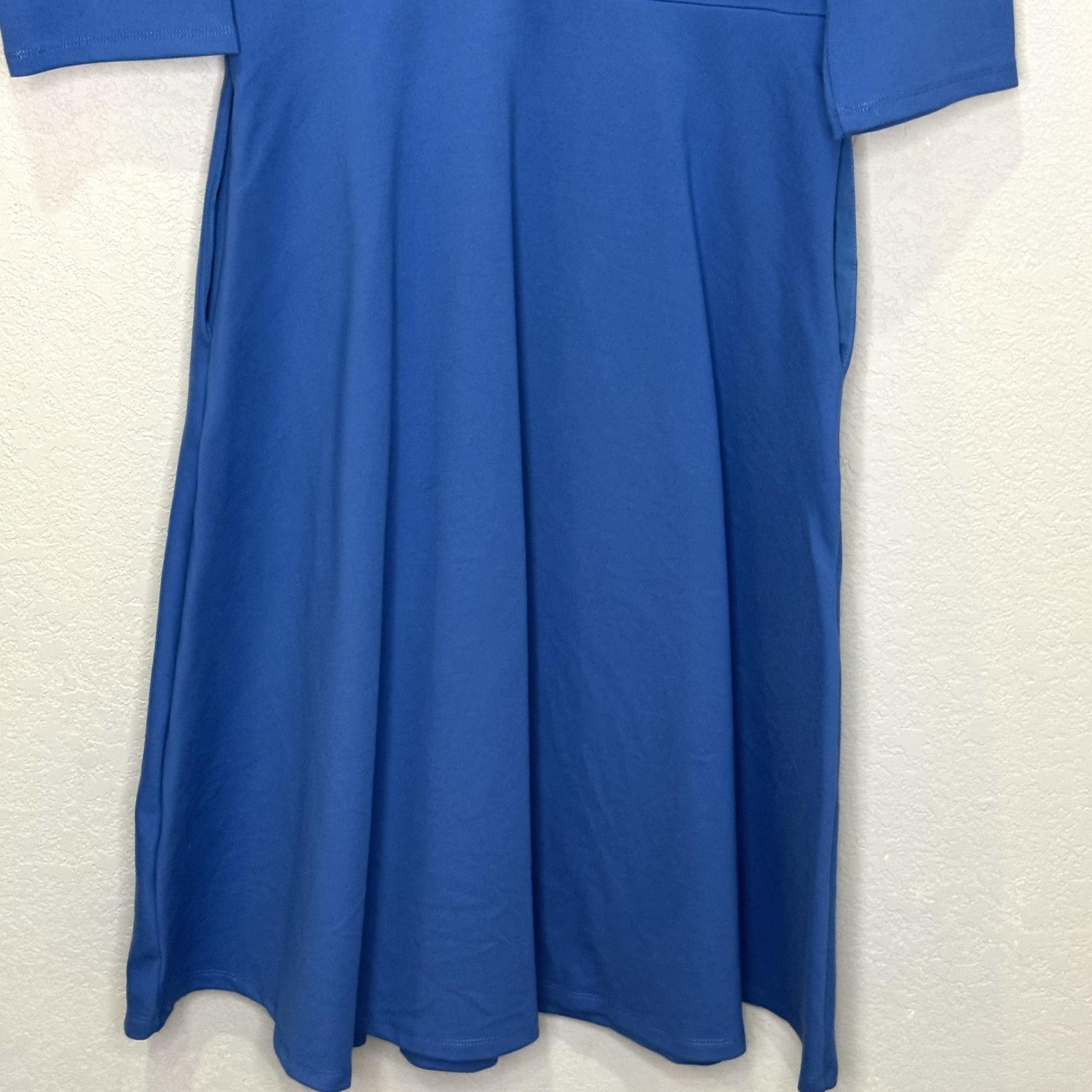 Betabrand Round-Trip Dress Medium Blue 3/4 Sleeve Faux Wrap Fit Flare Comfy Work