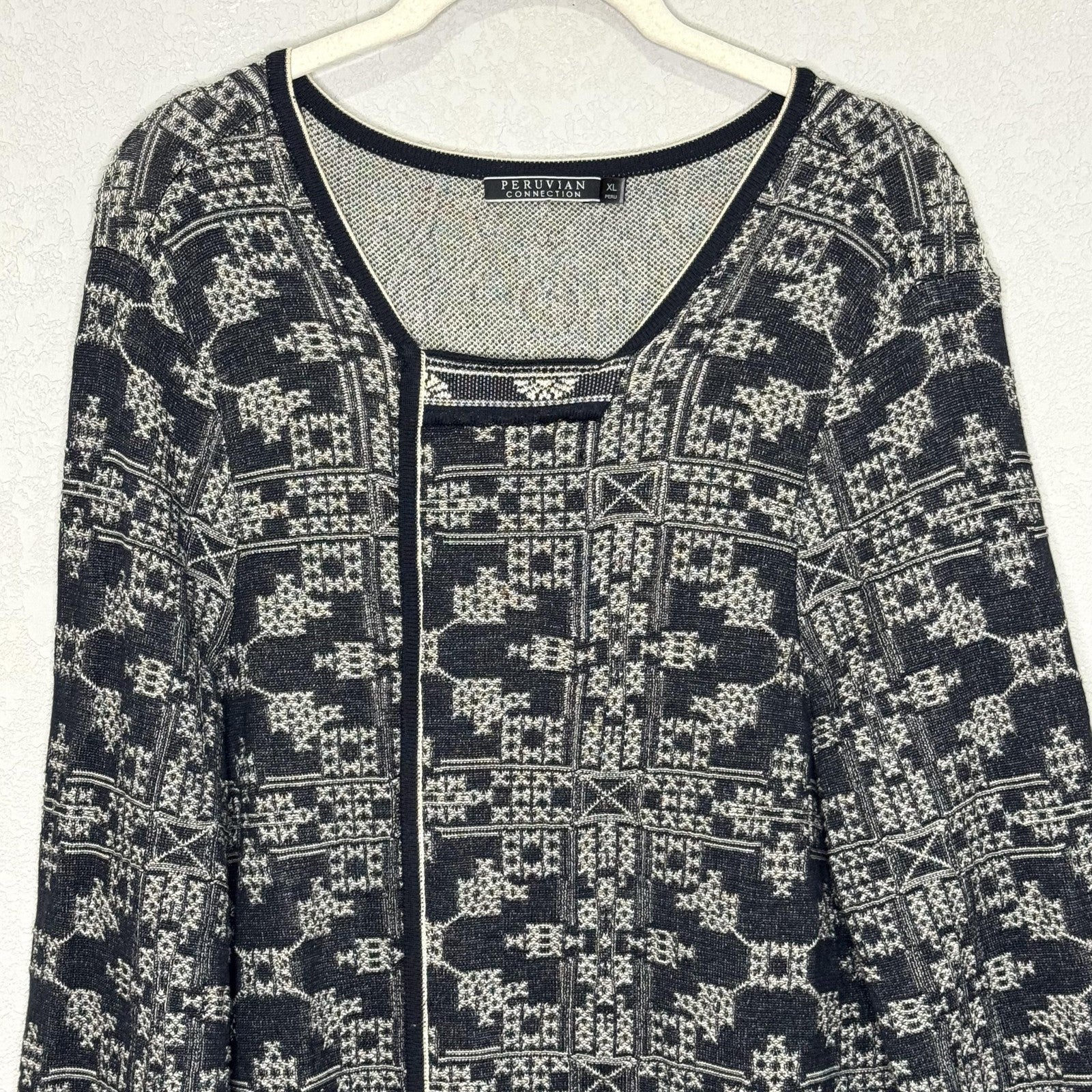 Peruvian Connection Sweater Womens XL Black Cream Pima Cotton Tunic Boho Knit