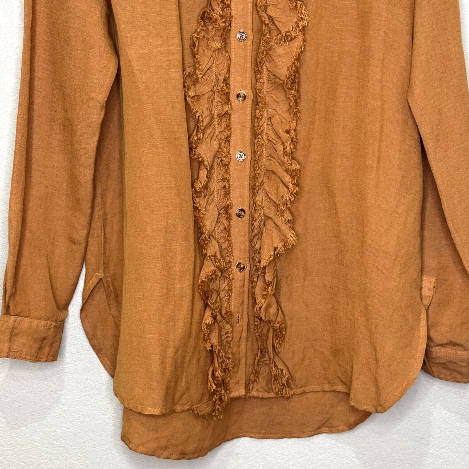 Anthropologie Pilcro Button Down Ruffle Placket Shirt Size XS Linen Brown Honey