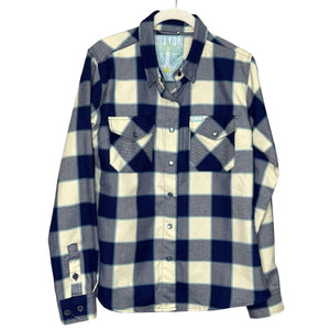 Dixxon Flannel Co Shirt Womens Medium Blue Gray Cream Plaid Bar Harbor Workwear