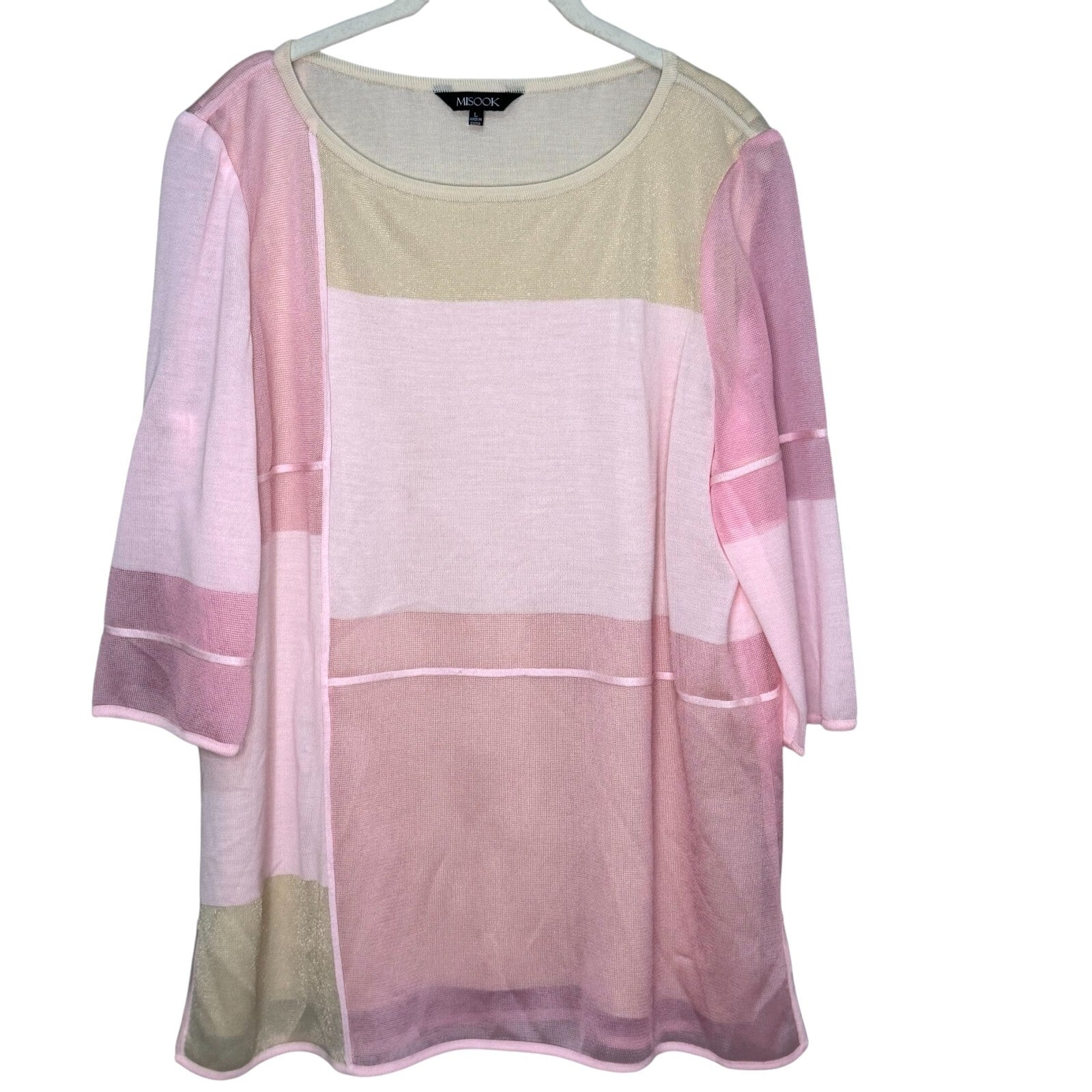 MISOOK Sweater Size Large Pink Sparkle Colorblock 3/4 Sleeve Lined