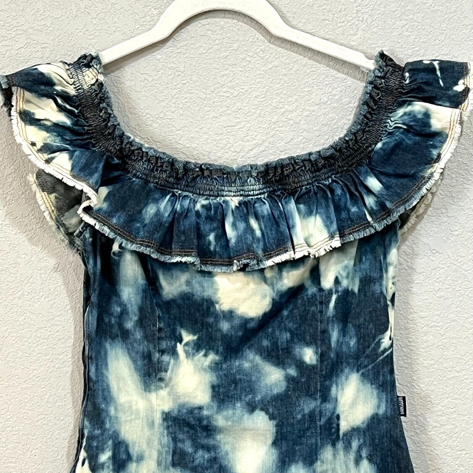 Moschino Blue White Denim Tie Dye Off The Shoulder  Mini Dress Size Small