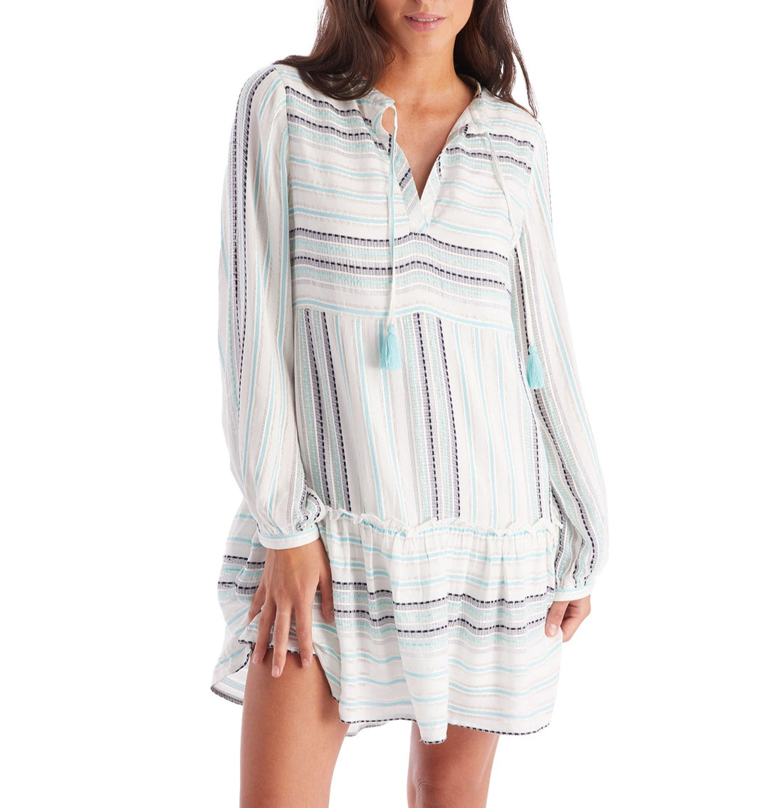 Allison New York Dress Womens Small Blue White Striped Boho Tassel Mini Lined