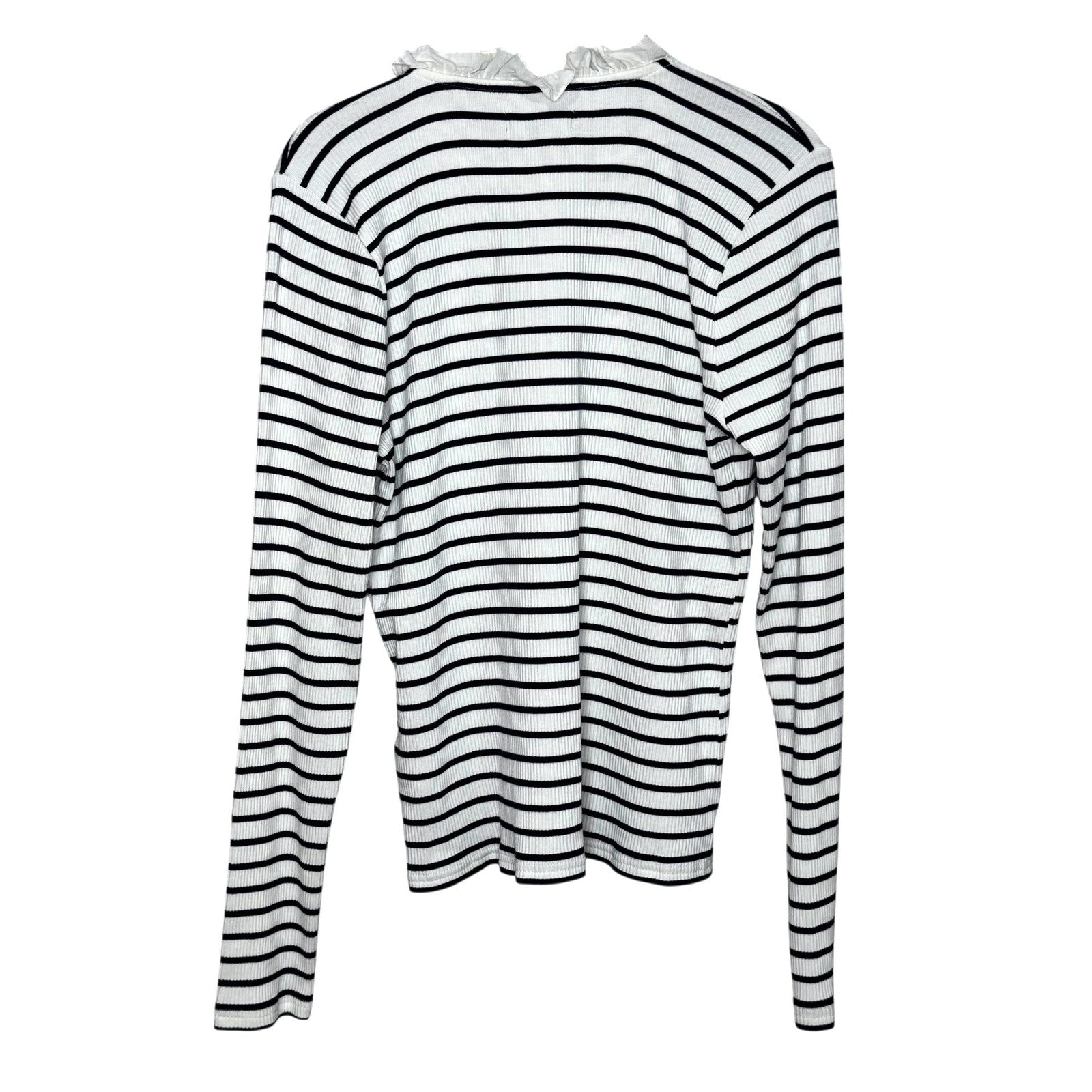 J.Crew Shirt Womens Large White Navy Striped Ruffle Henley Long Sleeve BP053