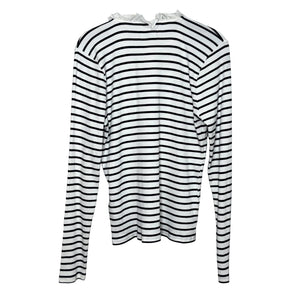 J.Crew Shirt Womens Large White Navy Striped Ruffle Henley Long Sleeve BP053