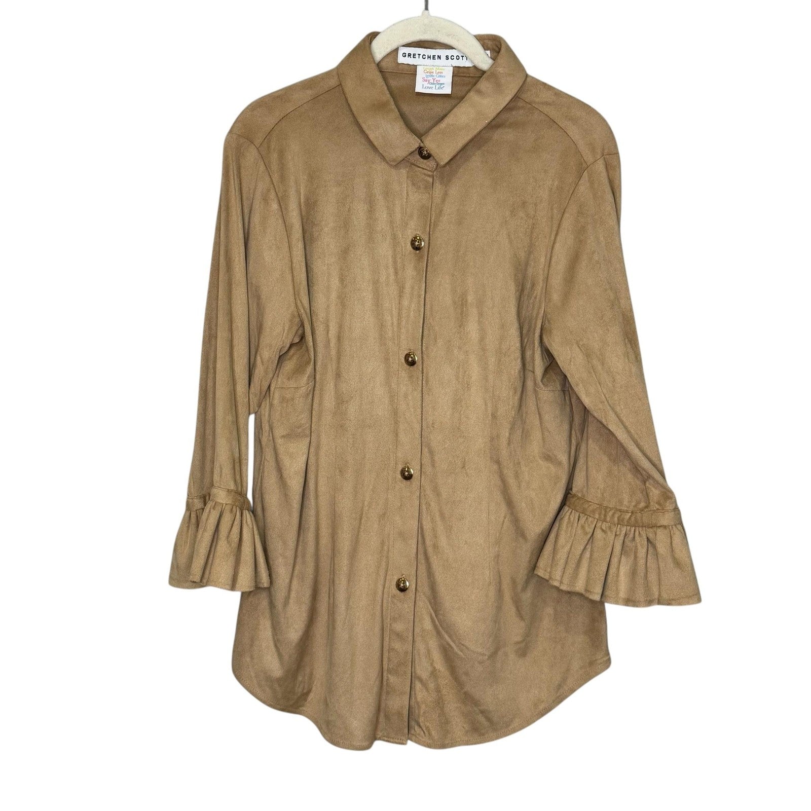 Gretchen Scott Shirt Womens Medium Tan Button Front Ruffle Cuff Tunic Blouse