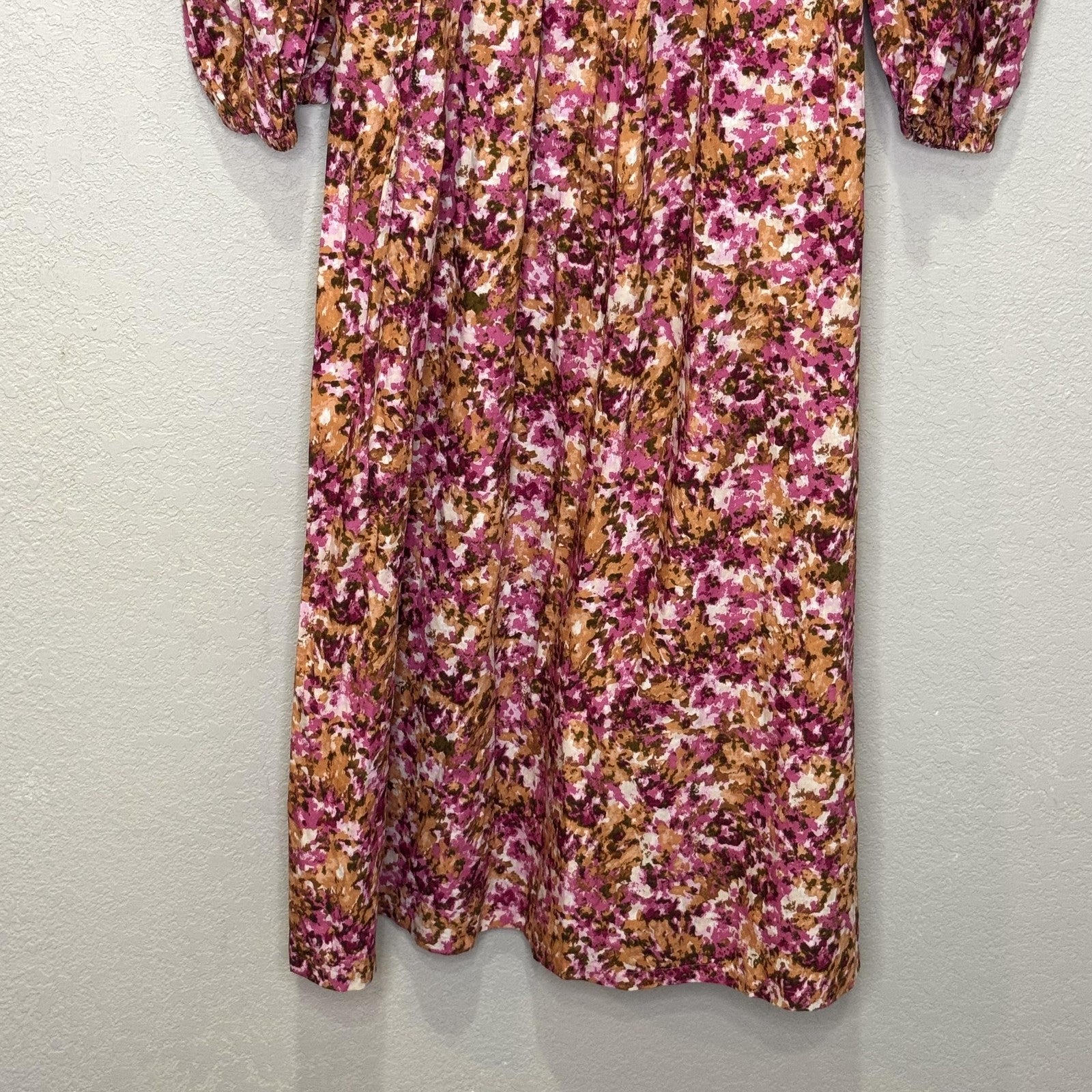 J Crew Dress Womens Small Pink Brown Floral Smocked Midi Long Sleeve $128