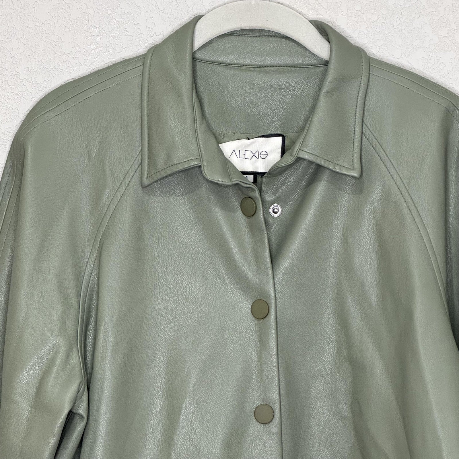 Alexis Jacket Womens Medium Sage Faux Leather Cropped Snap Front Puff Sleeves