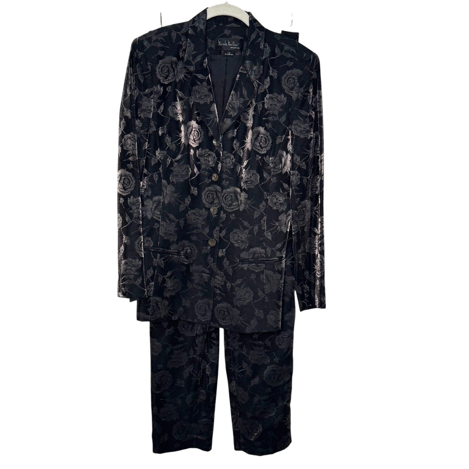 Nicole Miller Black Floral Brocade Jacket and Pant Set Size 8 Vintage Made in US