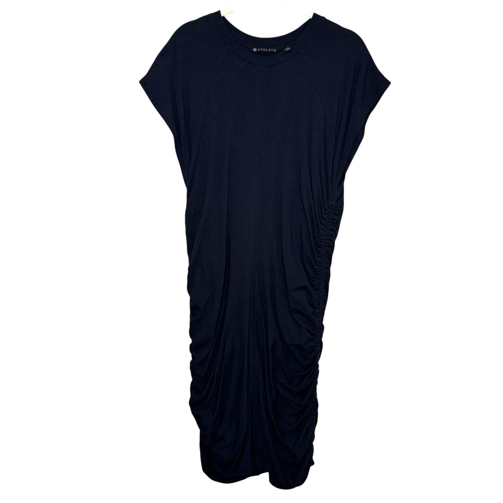 Athleta Dress Size Large Blue Apres Ruched Side Modal Cotton Casual Relaxed Fit