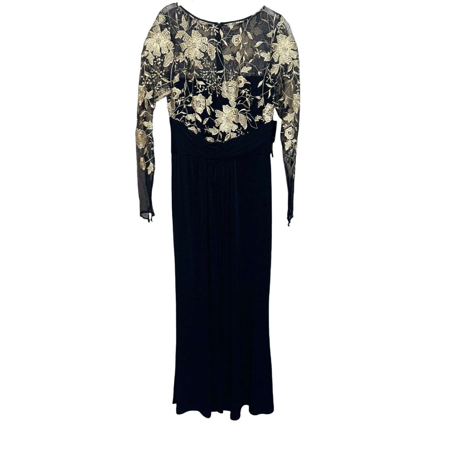 David Meister NWT Black Full Length Gown Gold Lace Illusion Floral Bodice Size 6